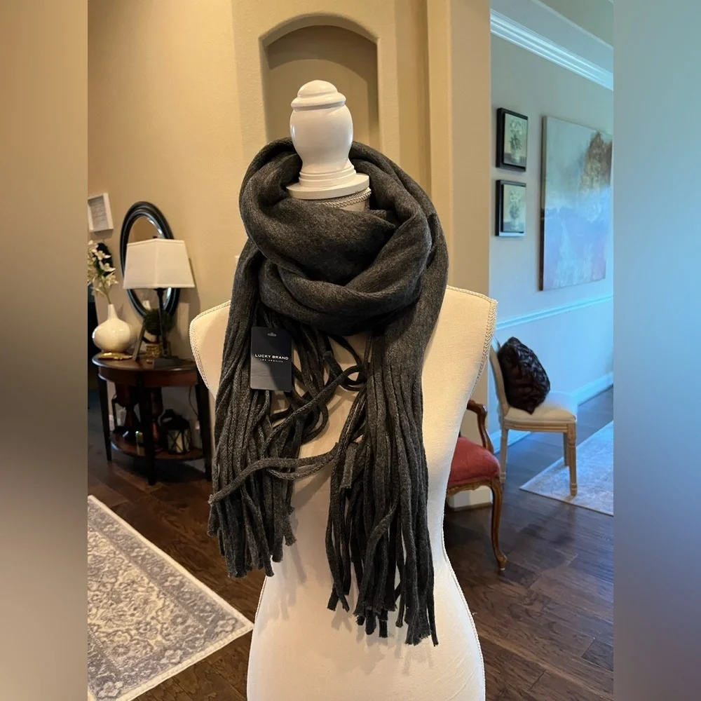 Lucky Brand Brushed Oversized Scarf Wrap in Charcoal Gray with Long Fringe